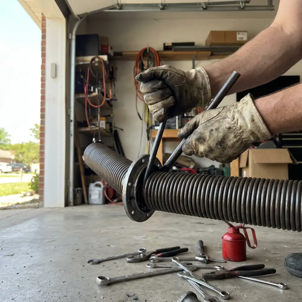 Torsion spring replacement in progress